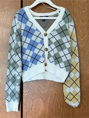 Freshman Youth Medium 8/10 Multicolor Argyle Cropped Button-Front Cardigan NWOT